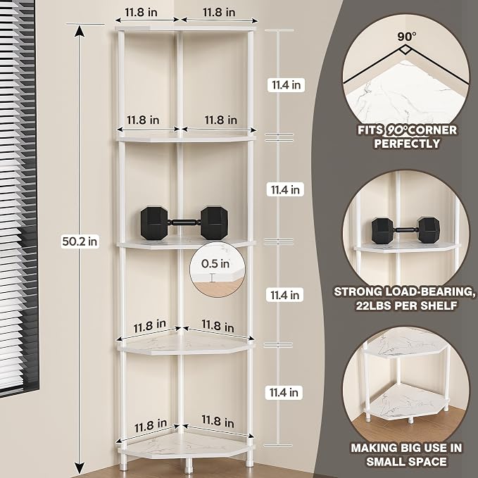 5-Tier Corner Shelf Stand Marble White 50.2" Bathroom and Kitchen Corner Shelves - Image 4