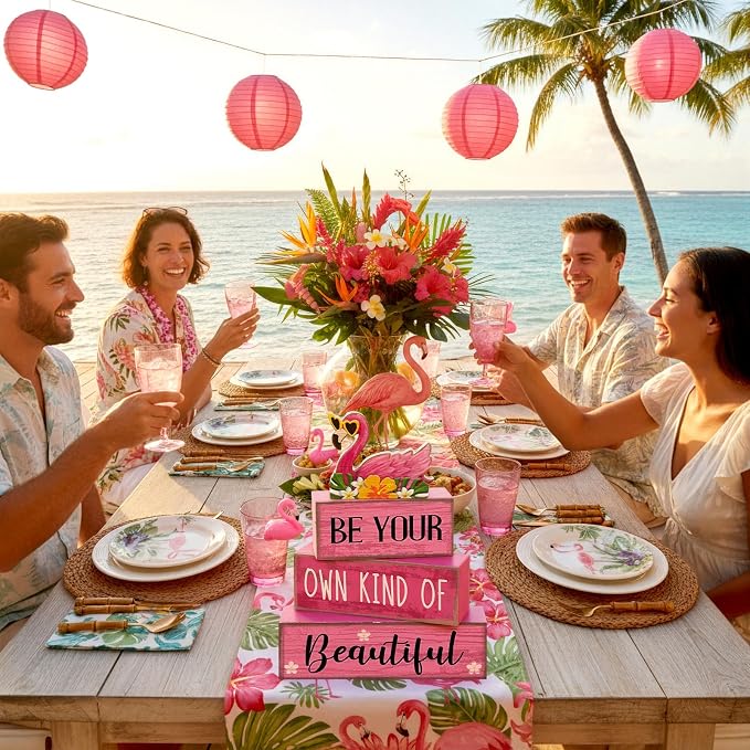Lineshading 4 Pcs Summer Table Decor Wooden Pink Flamingo Tropical Tiered Tray - Image 5