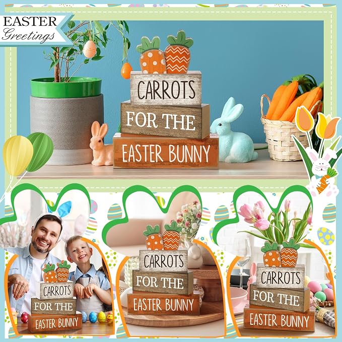 Lineshading 4 Pcs Easter Decor Wooden Carrot Decoration Easter Tiered Tray - Image 4