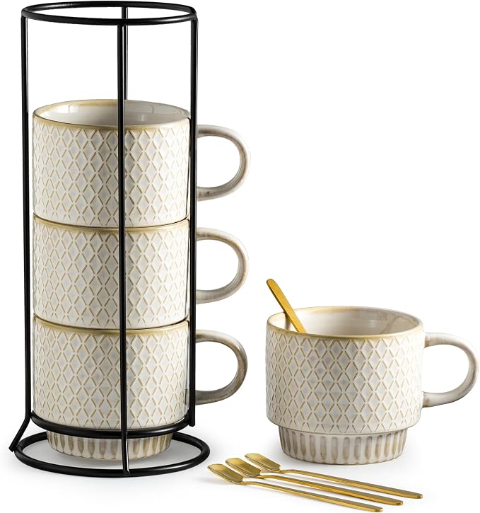 Gomakren Coffee Mugs Set of 4, 13 Ounce Stackable Coffee Mugs by Gomakren