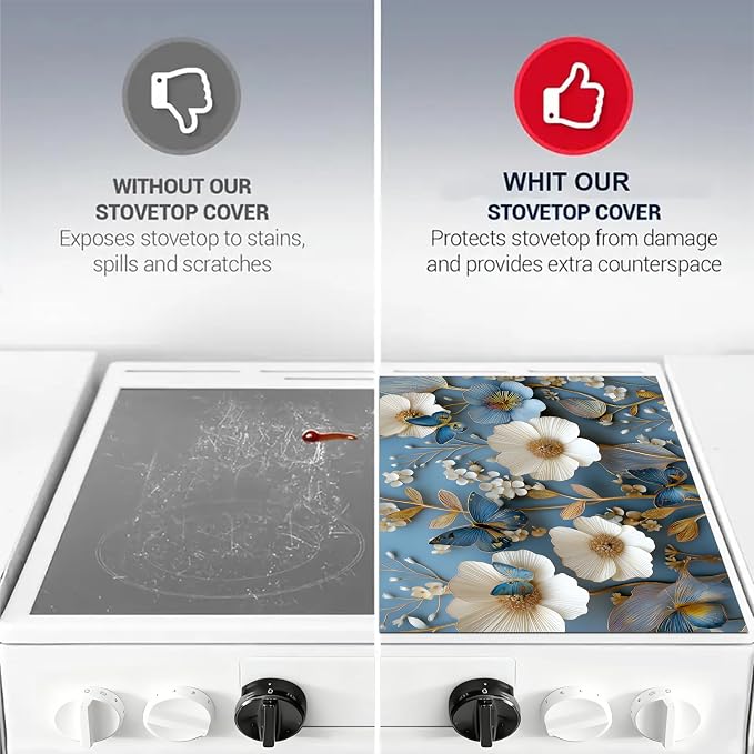 lue Butterfly Floral Stove Top Cover 28.3 x 20.5 Inches, Heat Resistant Glass - Image 7