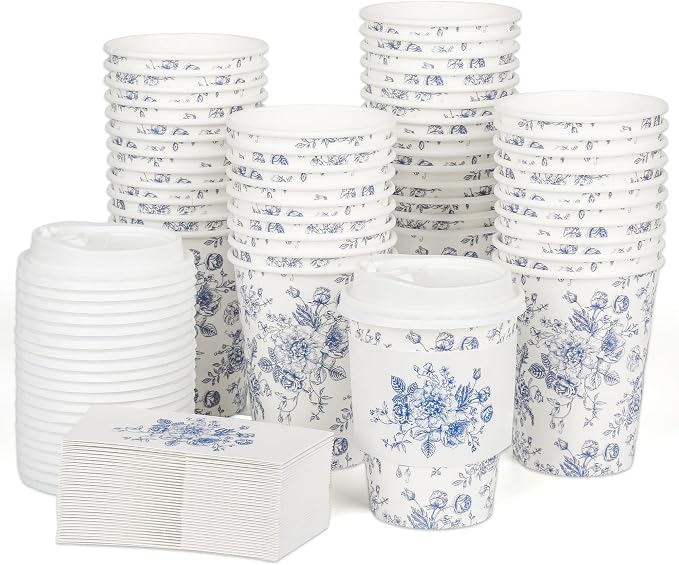 50Pcs Blue Floral Disposable Paper Coffee Cups - Image 8