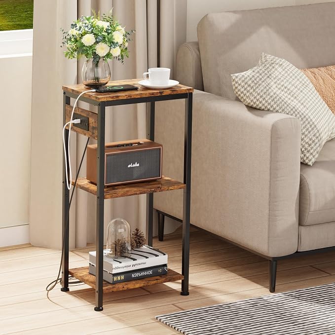 Side Table with Charging Station, Nightstand with USB Ports and Outlets - Image 2