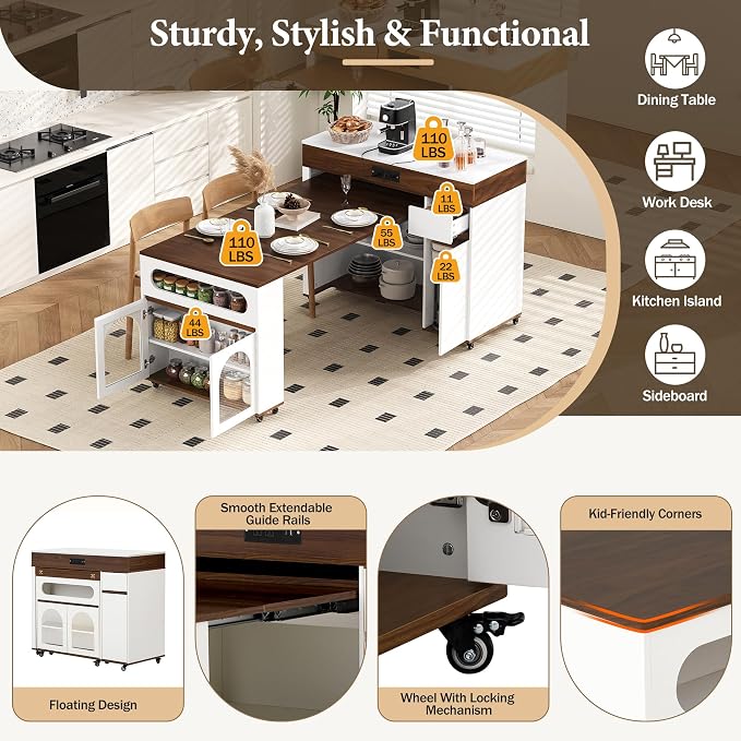 Rolling Kitchen Island with Extendable Dining Table & Power Outlet, 73.8’’ - Image 6
