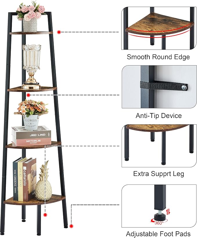 Hoctieon Corner Shelf, 4-Tier Corner Bookshelf, Rustic Ladder Shelf, Industrial - Image 8