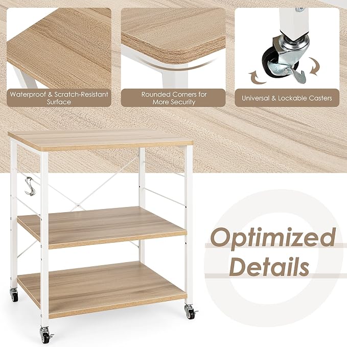 Giantex Kitchen Bakers Rack 3-Tier Microwave Cart on Wheels, Industrial Utility - Image 7
