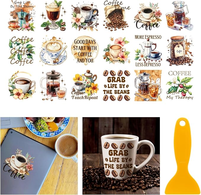 GLOBLELAND 18 Sheets Coffee Drinks Transfer Stickers 3.9x3.6inch Coffee Decals by GLOBLELAND