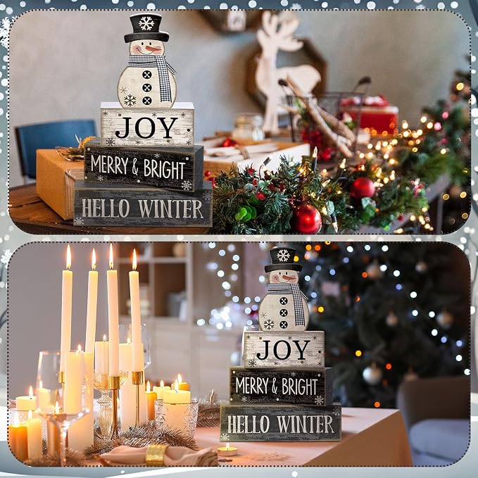 Lineshading 4 Pcs Snowman Christmas Table Decorations Black and White Wooden - Image 6