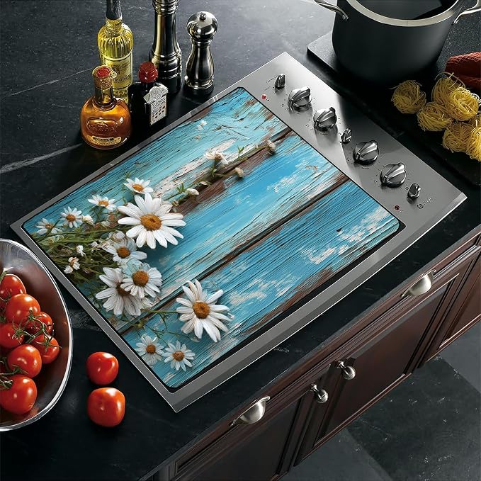 Daisy Stove Top Cover 28.3 x 20.5 Inches, Rustic Wood Glass Stove Protector - Image 3