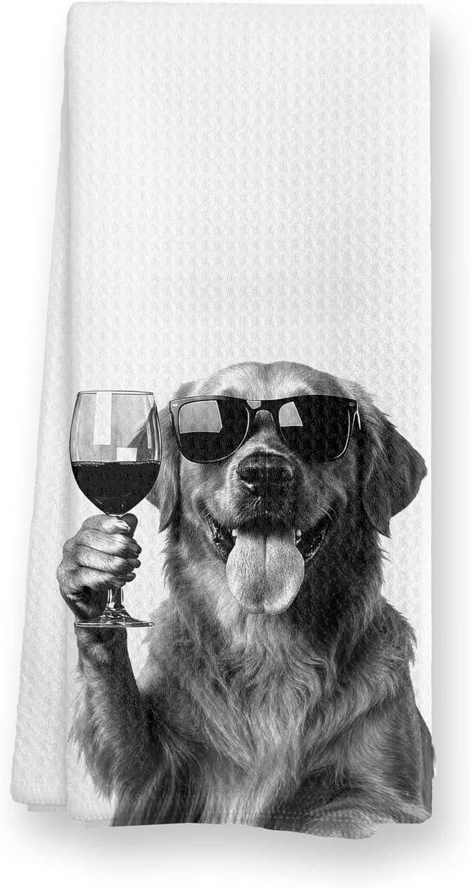 Funny Black Golden Retriever Wine Kitchen Towels, Cute Dog Tea Towels, Dog by TopXmai