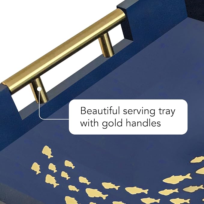 Navy Serving Tray with School of Golden Fish Design Gothic Ottoman Tray - Image 3