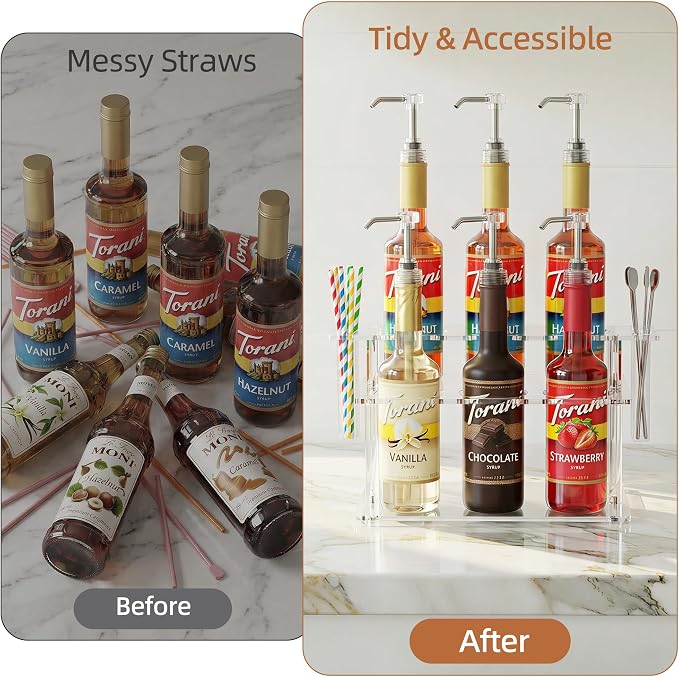 Coffee Syrup Organizer with Straw Holders, 2-Tier Acrylic Syrup Rack, Anti-Slip - Image 5