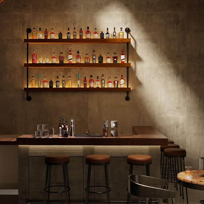 Wall Mounted Wine Rack with LED Light, LED Industrial Pipe Wine Shelf, 3-Tier - Image 7