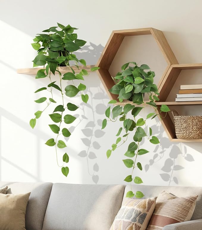Fake Plants 2 Pcs Faux Pothos Plants Potted Indoor Artificial Hanging Plants - Image 8