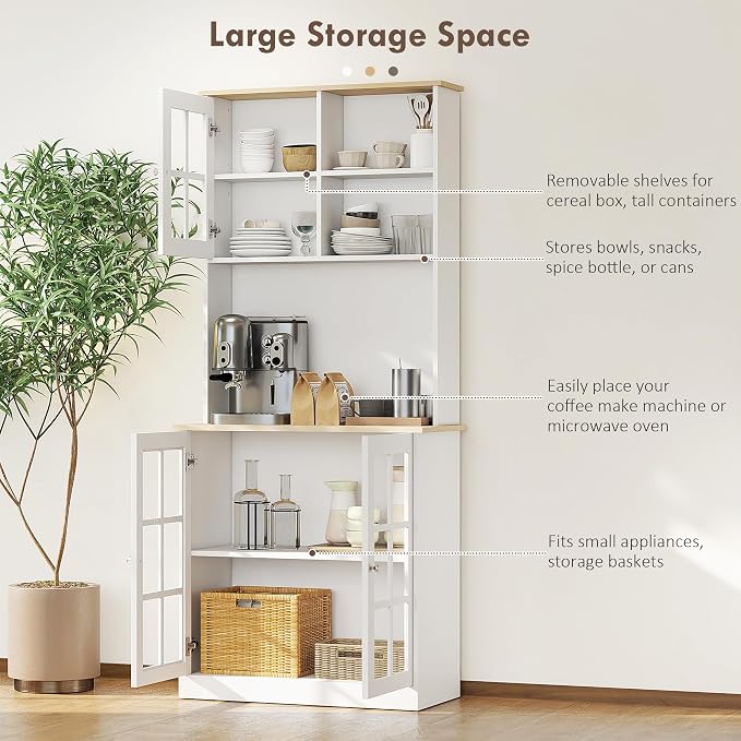 HOMCOM Kitchen Pantry Storage Cabinet, Large Countertop, Glass Doors and - Image 4