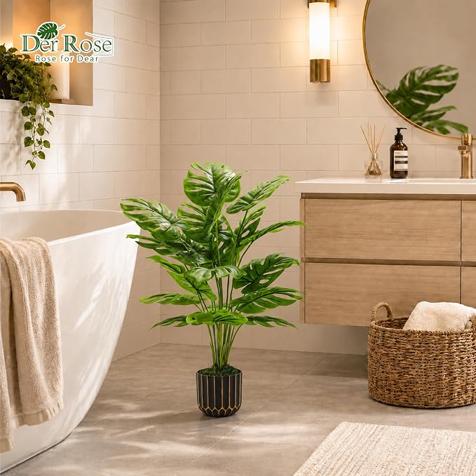 Der Rose 28'' Fake Plants Tall Artificial Monstera Faux Plants Indoor Outdoor - Image 2