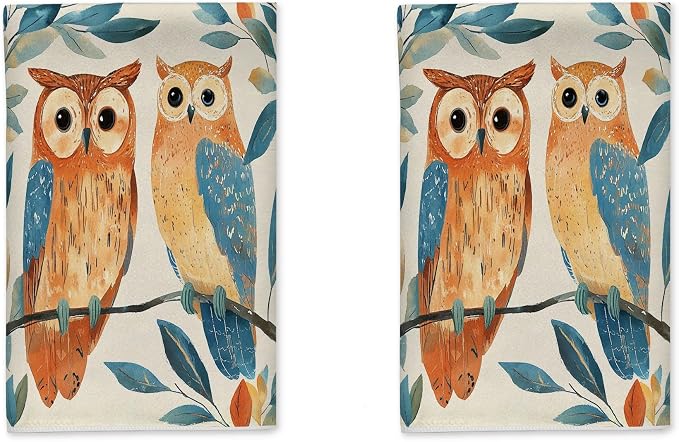 Owls Kitchen Towels Set of 2, Nature Fanciful Leaves Branches Fall Brown by Unknown