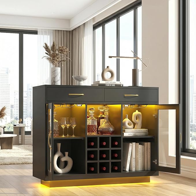 knoworld Wine Bar Cabinet with LED Lights, Coffee Bar Cabinet with Glass Rack - Image 9