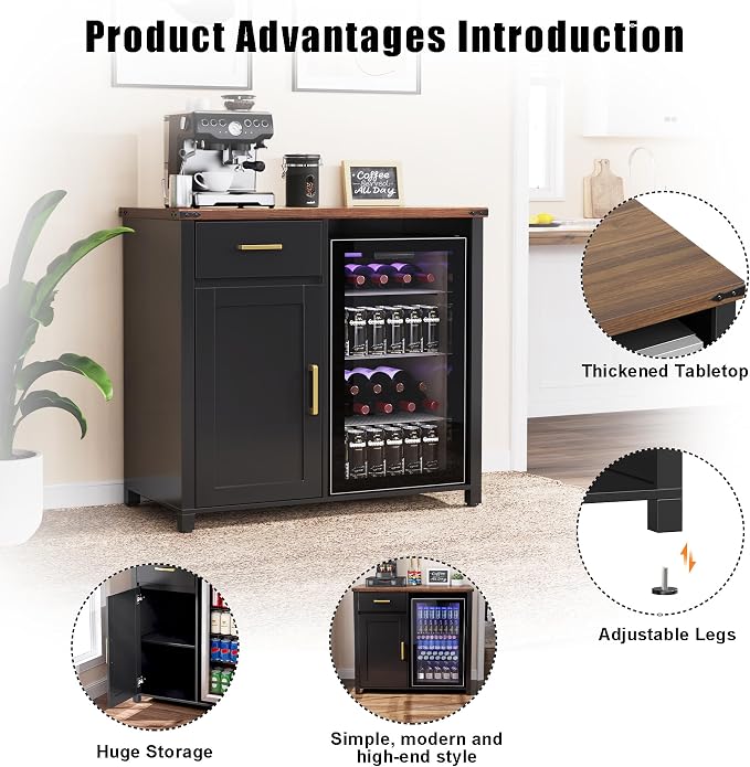 GDLF Coffee Bar with Mini Fridge Space, Mini Fridge Cabinet Stand，Liquor Wine - Image 8