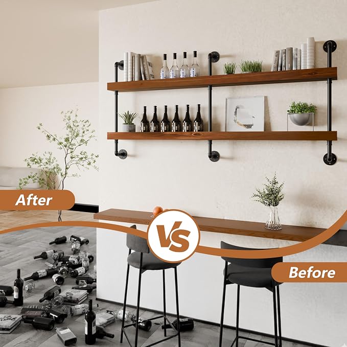 Wall Mounted Wine Rack with LED Light, LED Industrial Pipe Wine Shelf, 2-Tier - Image 8