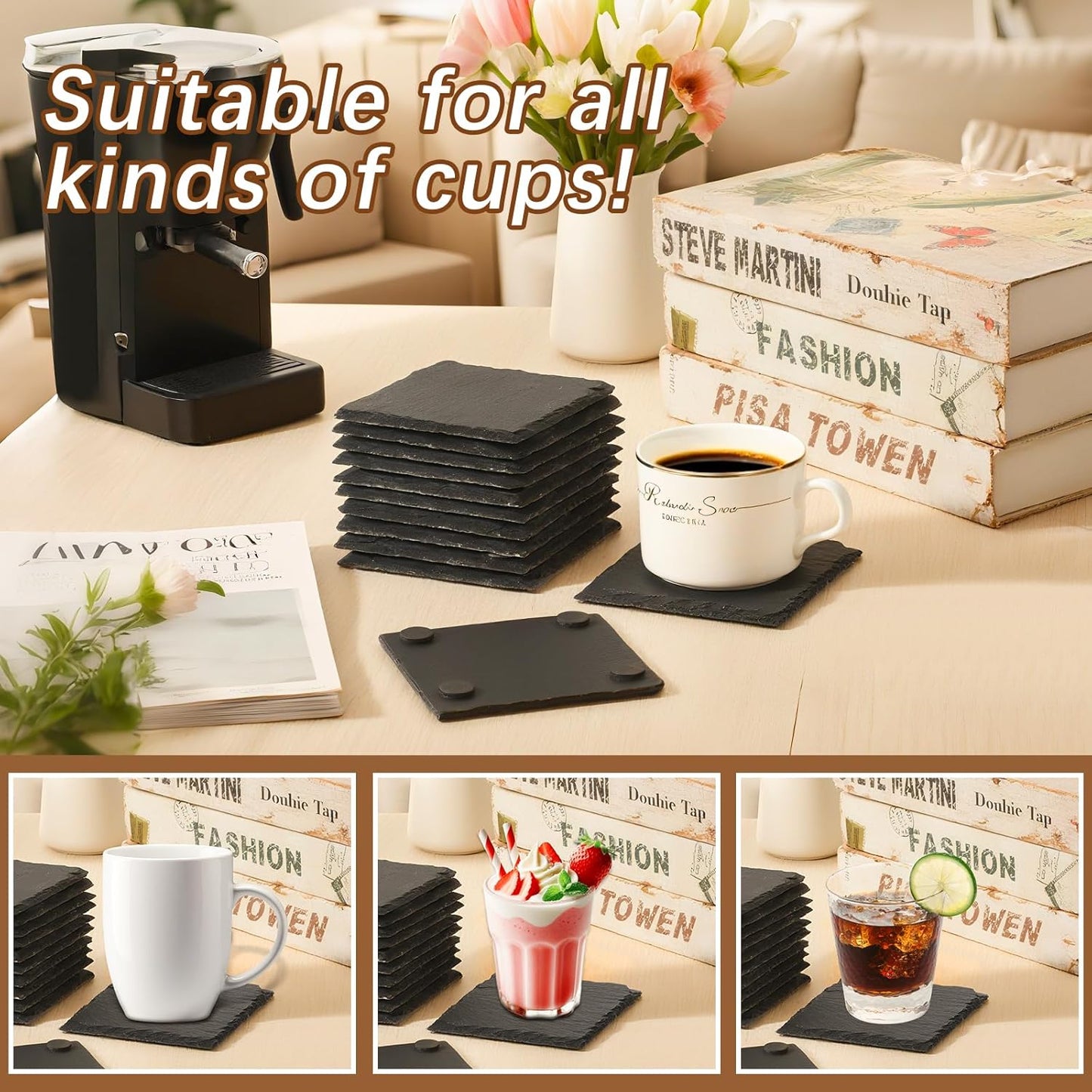 12 PCS Slate Coasters Black Square 4 Inch Bulk Rock, Blank Laser Engraving, Scratch Resistant Bottom, Home Office Kitchen Gift Wedding Bar Party (12 PCS Square Coasters)