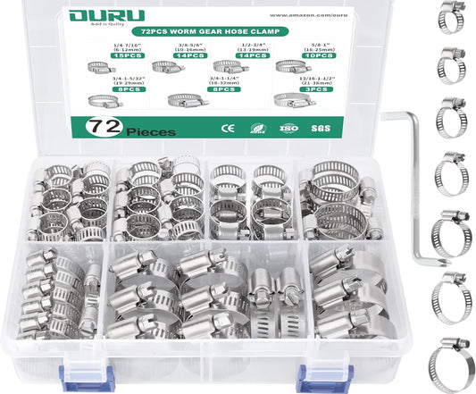 72PCS Hose Clamps Stainless Steel Assortment Adjustable 1/4"-1-1/2"(6-38mm) Worm Gear Hose Clamp, Heavy Duty Metal Small Hose Clamps for Automotive, Pipe, Radiator Plumbing, Fuel Line