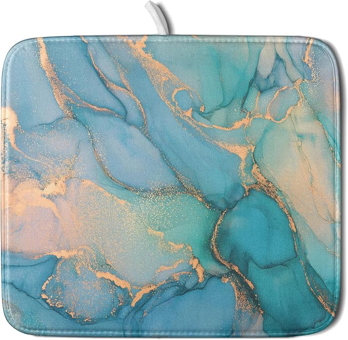 Marble Dish Drying Mat for Kitchen Counter Blue Teal Turquoise Gold Drying Mat by Sweetshow