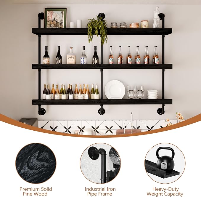 Industrial Wine Rack Wall Mounted, Solid Wood Shelf - Image 3