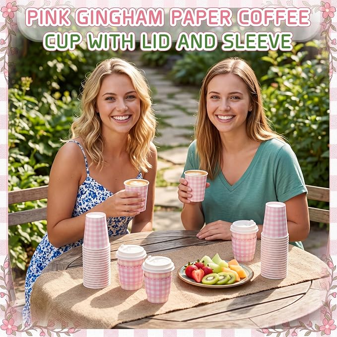 Mimorou 48 Set Pink Gingham Disposable Coffee Cups - Image 5