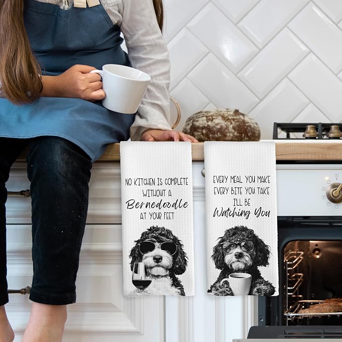 Funny Bernedoodle Kitchen Towels Set of 2, Dog Kitchen Accessories, Coffee Wine - Image 3