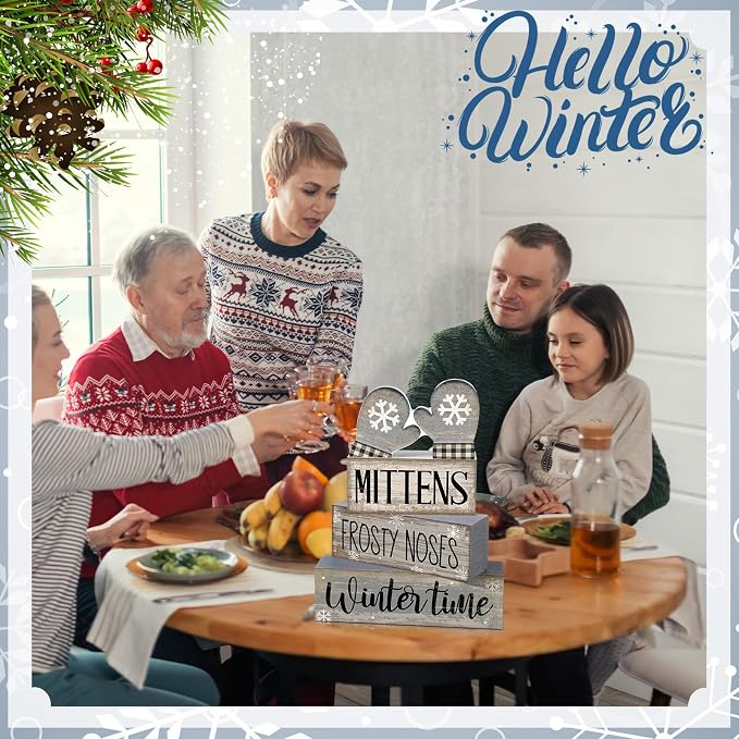 Lineshading 4 Pcs Winter Table Decorations Wooden Mittens Decor Winter Tiered - Image 4