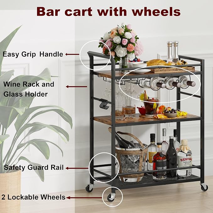 3 Tier Bar Cart, Small Beverage Cart, Mini Bar Cart - Image 6