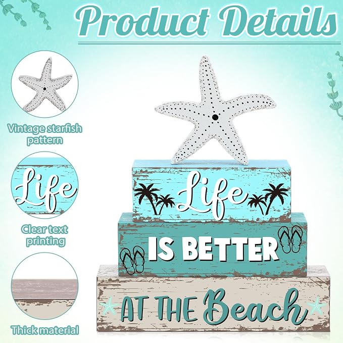 Geelin 4 Pcs Summer Table Decorations Ocean Life Better Wooden Block Signs - Image 5