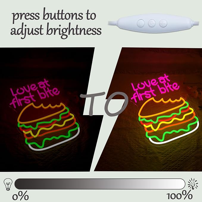Love At First Bite Neon Sign Burger LED Neon Light Dimmable Hamburger Food - Image 3