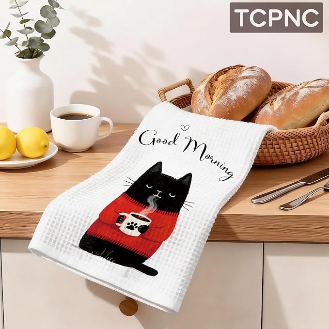 Cute Coffee Black Cat Hand Towel, Funny Black Cat Kitchen Towel - Image 2