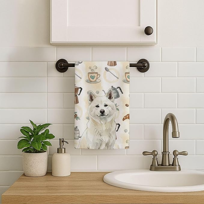 Caroline's Treasures White Akita Coffee Bar Kitchen Towel Velour Plush Front - Image 7