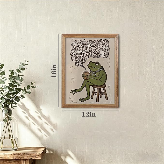 JQ7OL Whimsical Wall Art Frog Drinking Coffee Wall Art Wood Framed Funny - Image 4