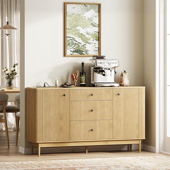 59" Buffet Cabinet with Drawers, Large Fluted Sideboard Buffet Storage Cabinet by CASSORA