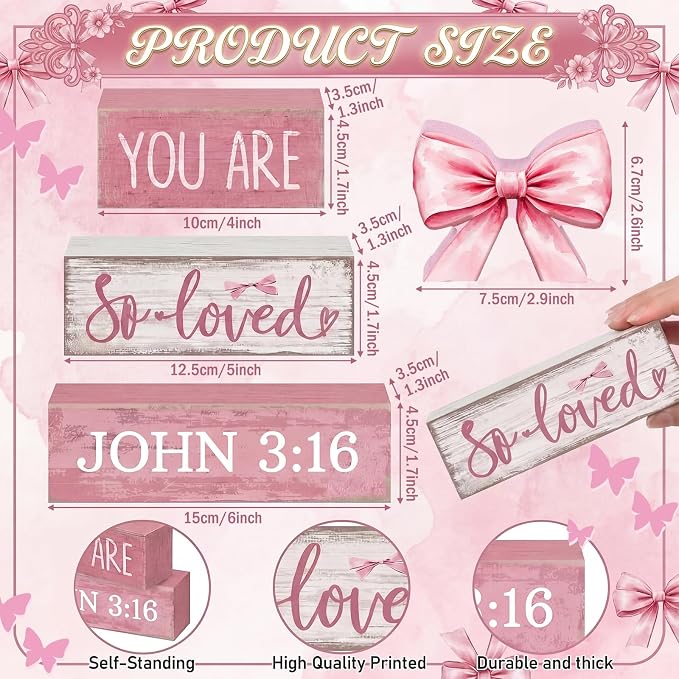 Lineshading 4 Pcs Pink Bow Decor Christian Table Decor Wooden Block Signs Set - Image 3