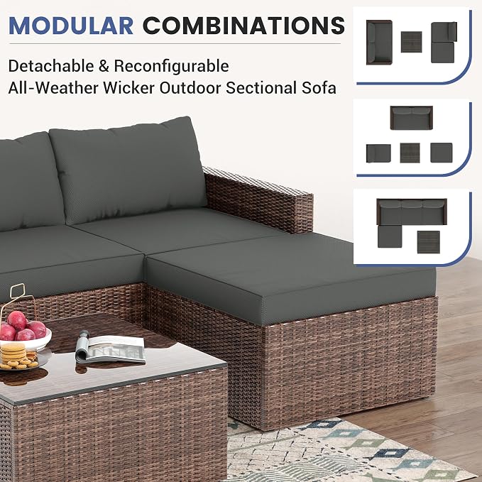 UDPATIO 5 Piece Patio Furniture Set, All-Weather Wicker Outdoor Sectional Sofa - Image 2