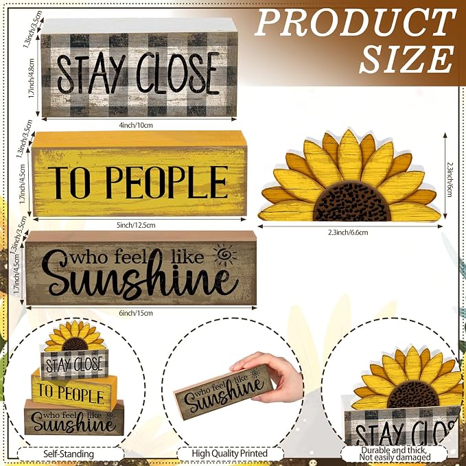 Lineshading 4 Pcs Farmhouse Sunflower Table Decorations Stackable Rustic Wooden - Image 3