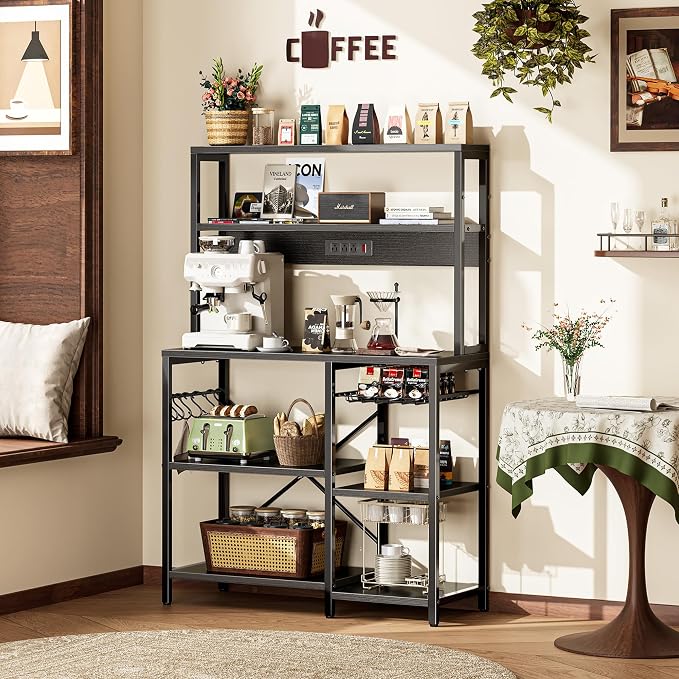 SUPERJARE Bakers Rack with Power Outlet, 35.4 Inches Coffee Bar with Wire Basket - Image 5