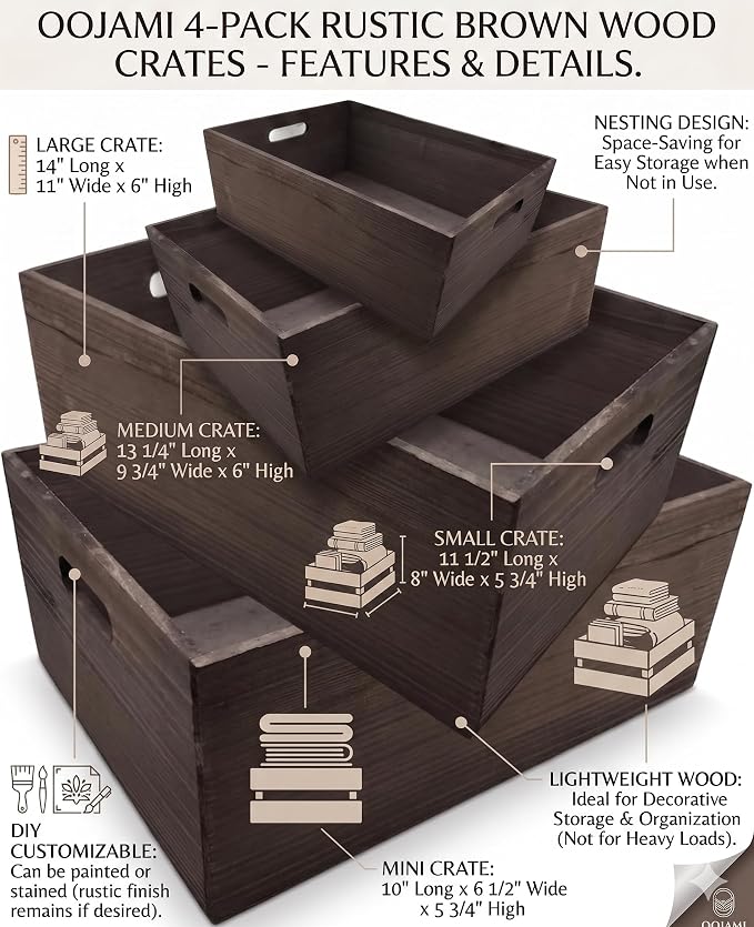 Oojami 4 Pack Rustic Wood Storage Crates, Nesting Decorative Boxes - Image 2
