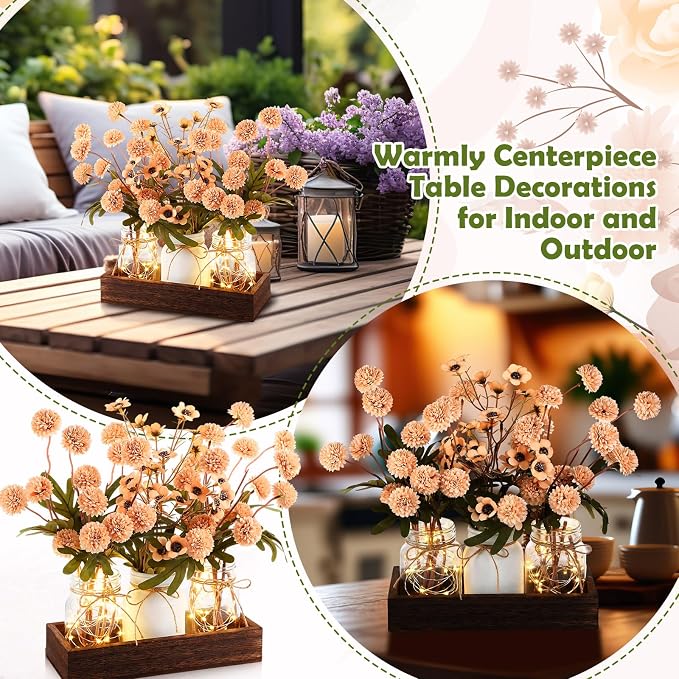 Suncalla 3 Pcs Summer Mason Jar Centerpiece Table Decorations Khaki Faux Kiku - Image 4