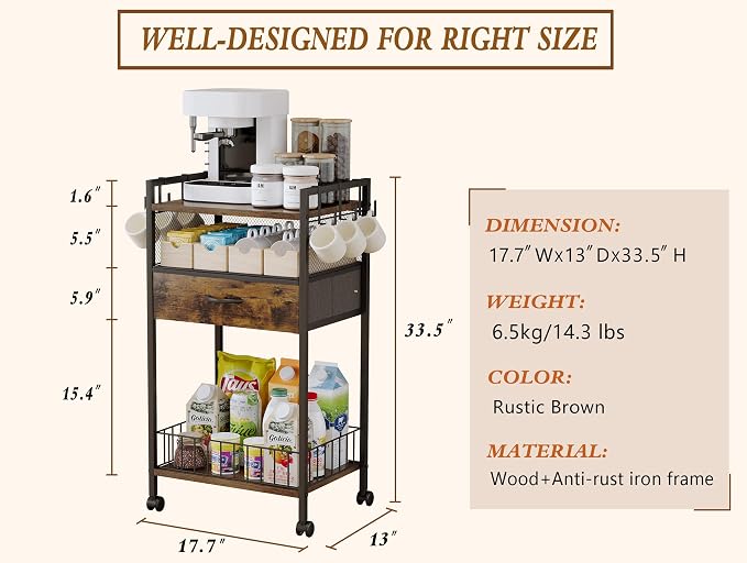 Small Coffee Bar Cart with Drawer Srorage, Office Coffee Bar Station Organizer - Image 6