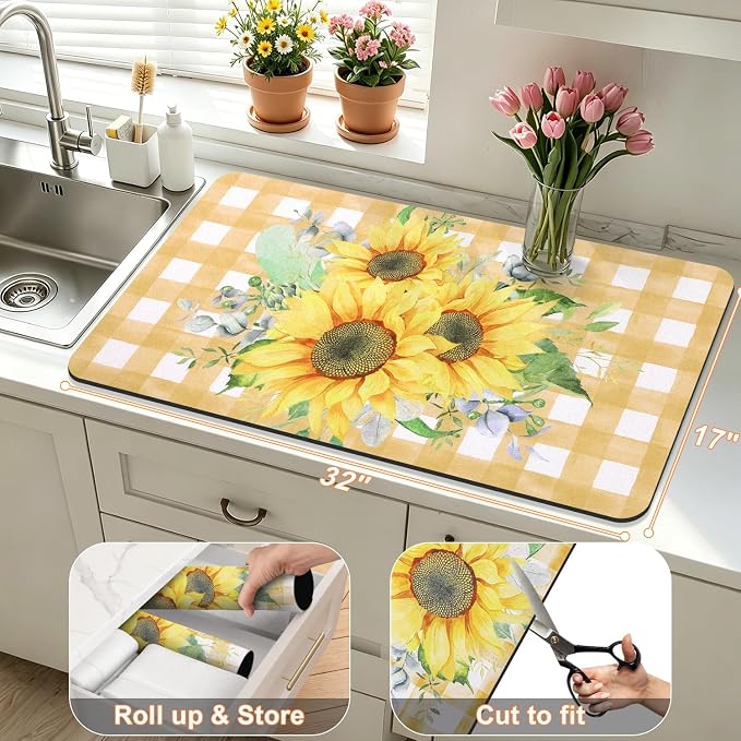 LOKHOM Dish Drying Mat for Kitchen Counter, Vintage Floral Dish Drainer Rack - Image 2