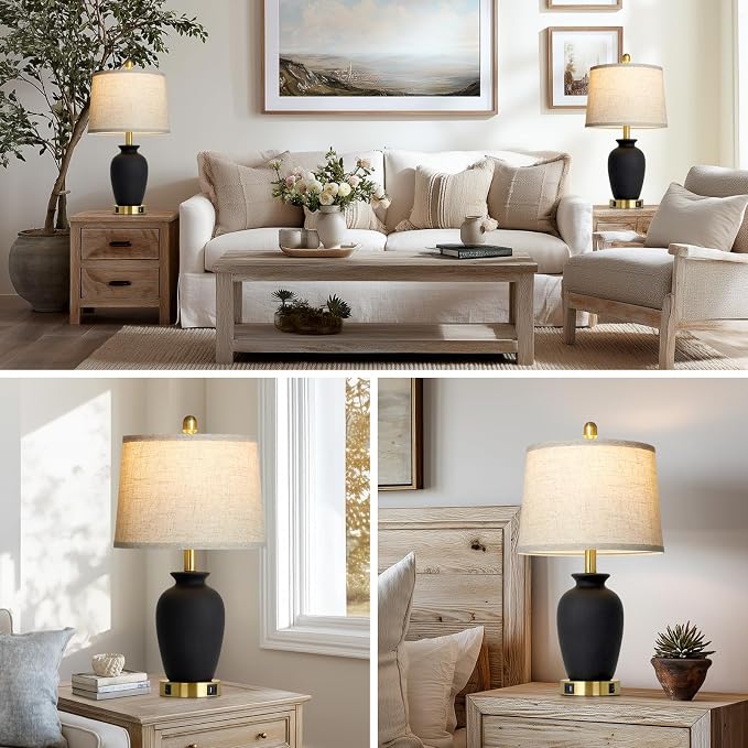 Cinkeda 23" Set of 2 Black Ceramic Farmhouse Table Lamp - Image 7