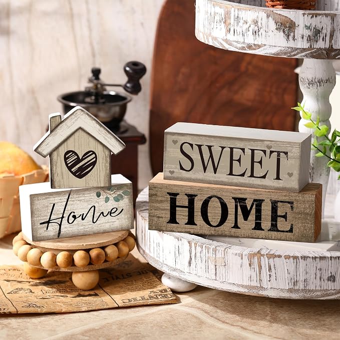 Moucuny 4 Pcs Wooden Farmhouse Tabletop Decor Rustic Home Tiered Tray Decor - Image 7