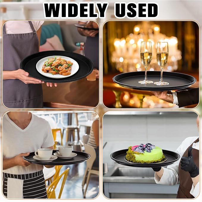 Zopeal 6 Pieces Black Round Restaurant Serving Tray, Plastic Non Slip Surface - Image 7