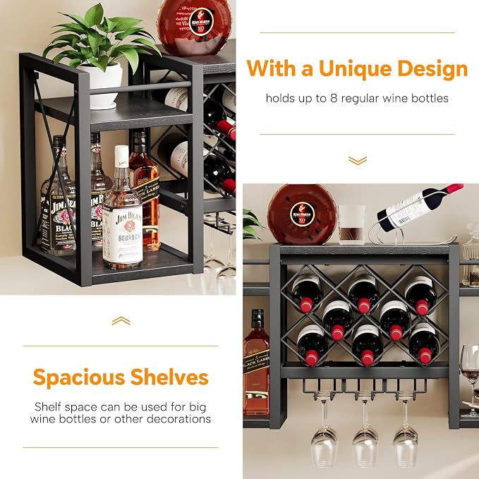 Wall Mounted Wine Rack with Glass Holder, Wood-Metal Retro Bar Shelf, Wine - Image 6